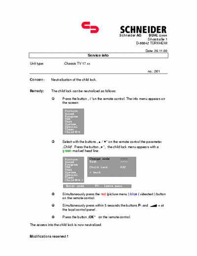 SCHNEIDER TV-17.1 tv17 bouletin